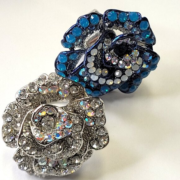Statement Blue Rhinestone floral Ring with Adjustable Band - Picture 8 of 8